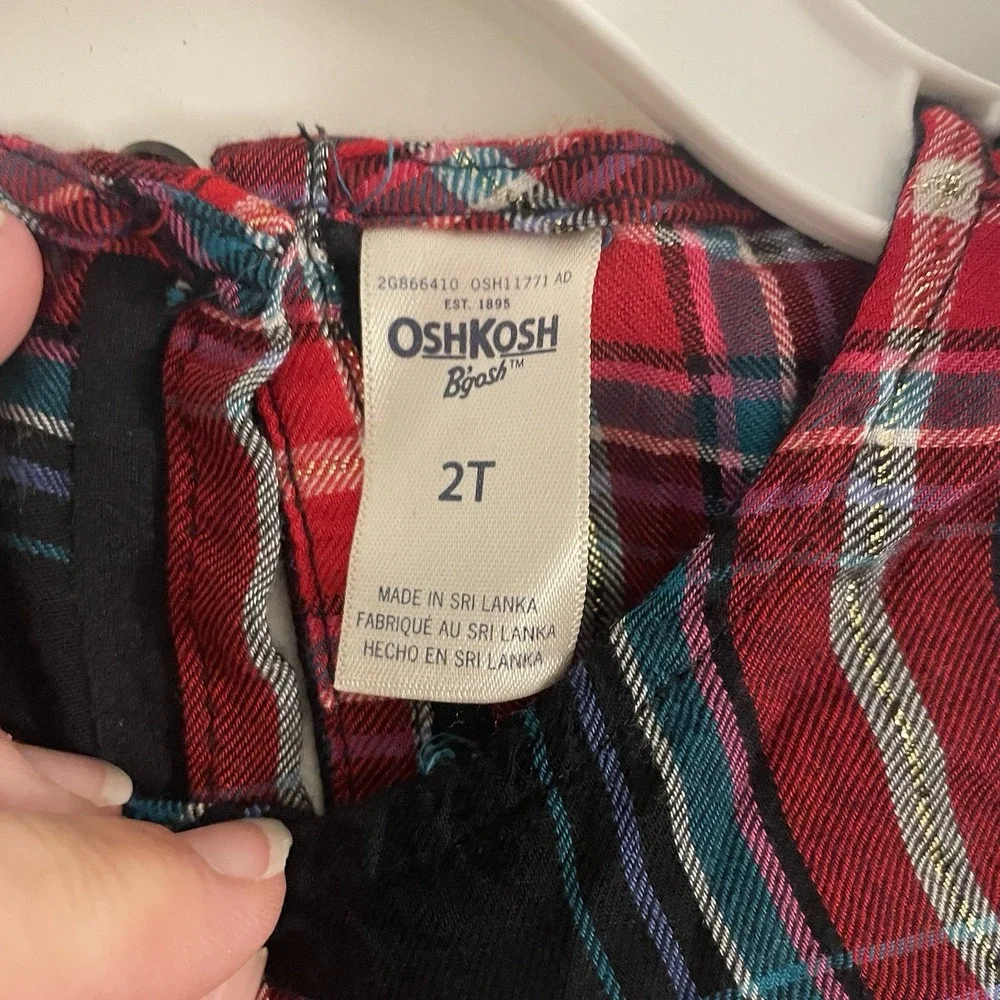 OshKosh Red Navy Plaid Party‎ Dress Gold Thread Size 2T EUC Holiday Pictures